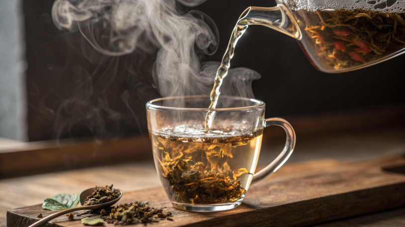 a close-up shot of hot water being poured over loose-leaf tea inside a clear glass mug