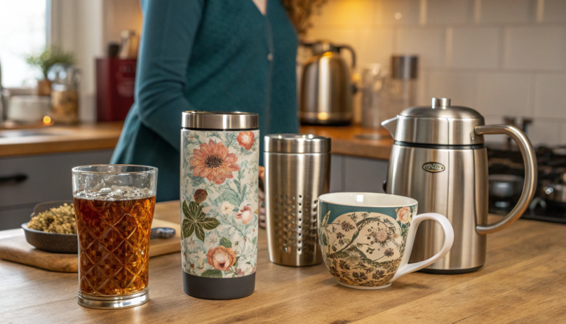 a tea lover choosing between a glass mug, a ceramic mug, and a stainless steel travel mug
