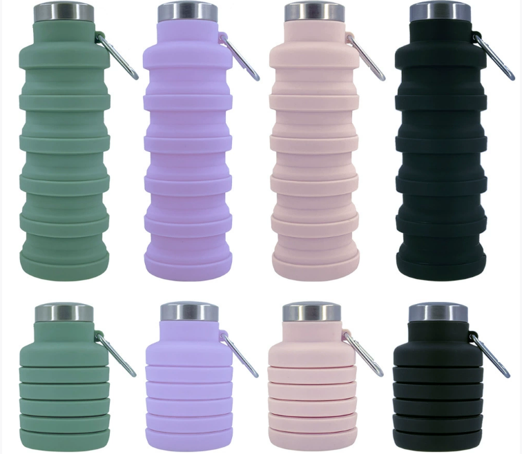 A person packing a collapsible silicone bottle into a backpack.