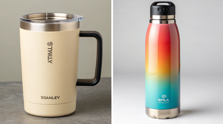 a side-by-side comparison of a cream-colored Stanley Quencher and a multi-colored Owala FreeSip bottle.
