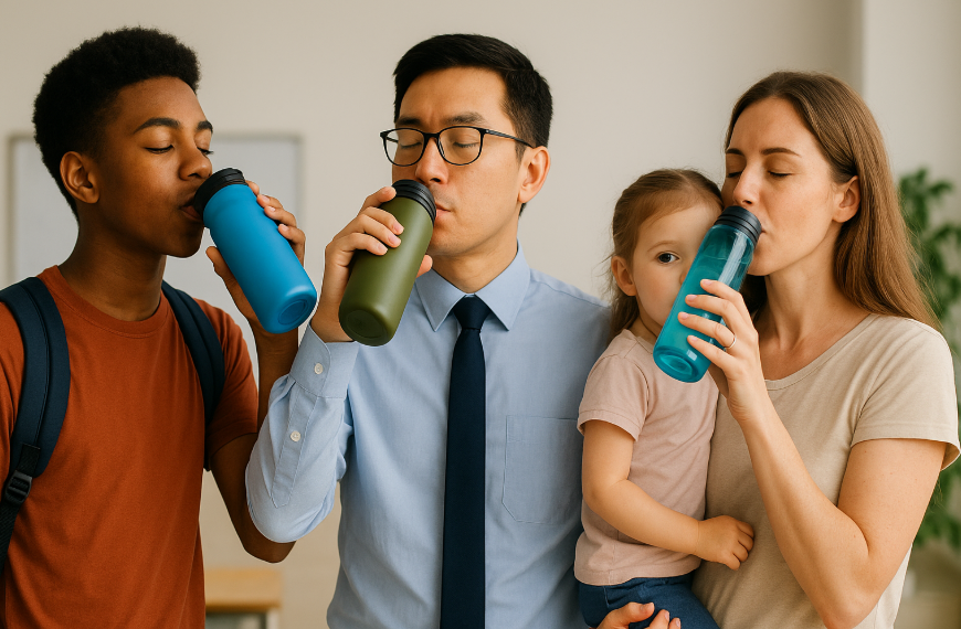 a diverse group of people - a student, an office worker, a parent with a child - all using reusable water bottles