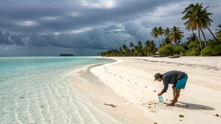 a pristine beach with a person picking up a discarded plastic bottle