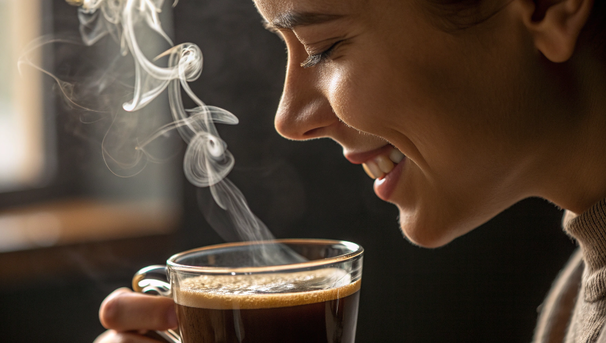 a close-up of a person savoring coffee from a clear glass mug, with a look of enjoyment