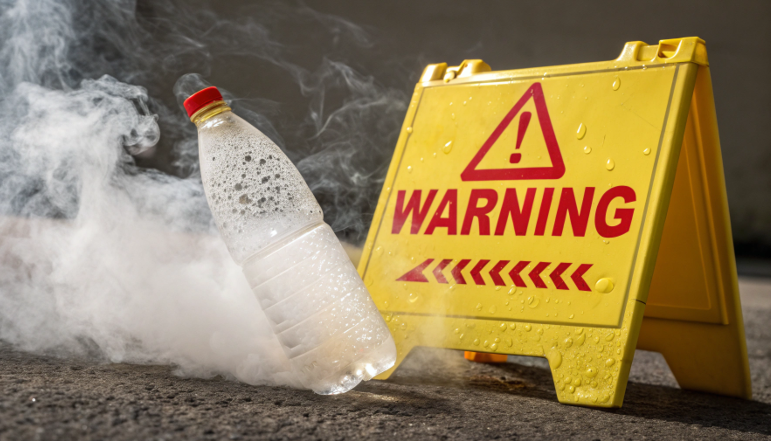 a "warning" sign next to a single-use plastic bottle with steam coming out of it