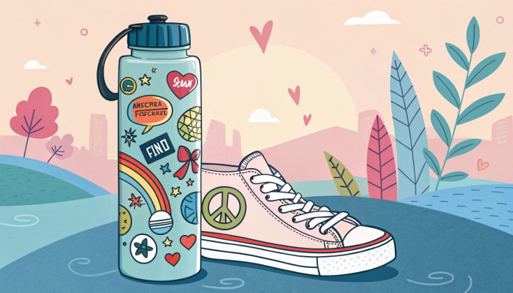 a desk with a laptop and a water bottle covered in unique and colorful stickers
