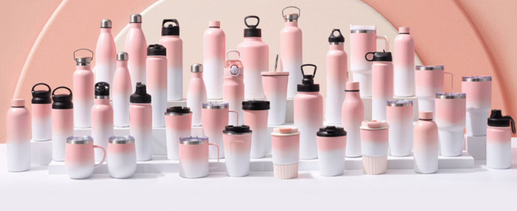 a collection of colorful and stylish custom tumblers displayed on a modern shelf