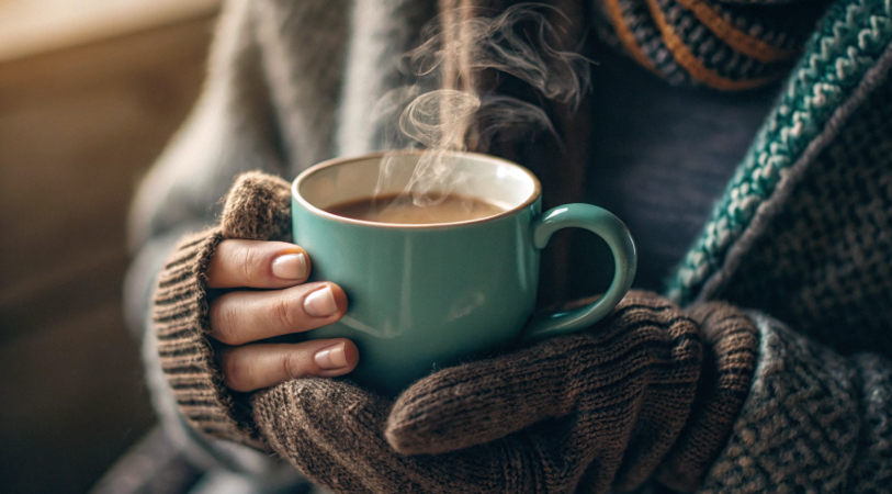 a person holding a cozy, steaming ceramic mug with both hands