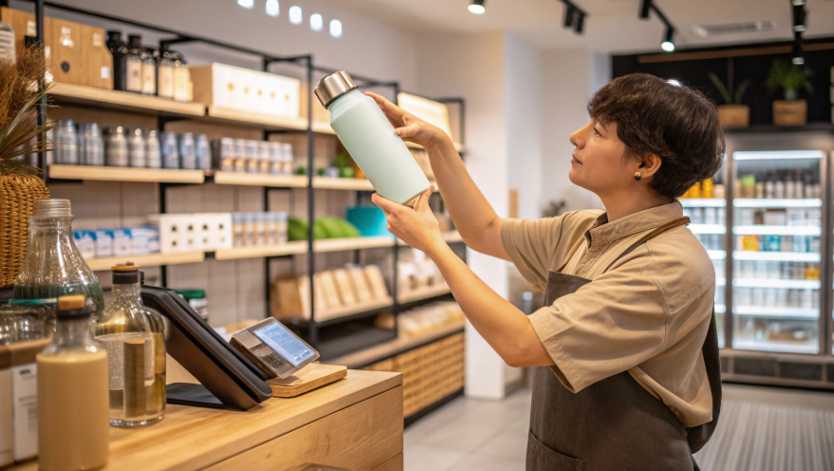 a person in a store carefully examining a reusable bottle, checking its material and construction