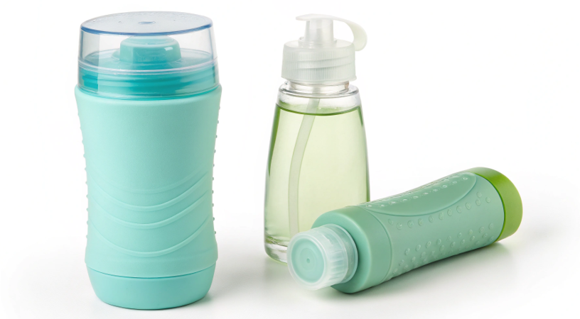 a side-by-side comparison of a flexible silicone travel bottle and a rigid plastic travel bottle