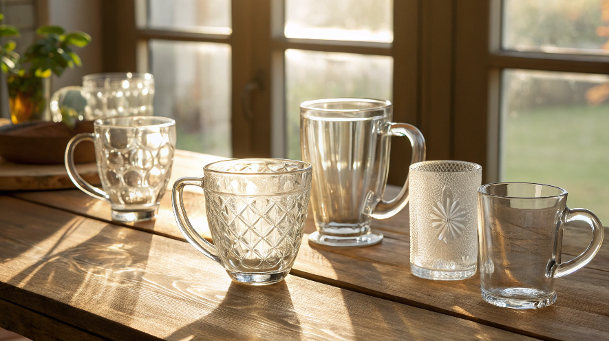 a collection of different styles of clear glass coffee mugs on a sunlit wooden table