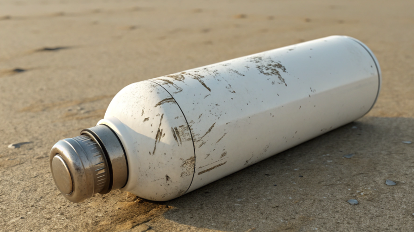 a dented stainless steel water bottle on the ground