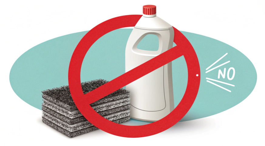 a "no" symbol graphic placed over a bottle of bleach and a steel wool scrubbing pad