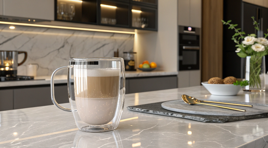 a stylish double-wall glass mug on a marble countertop, reflecting a modern and luxurious kitchen