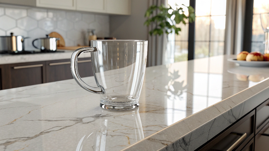 glass mug on a marble countertop