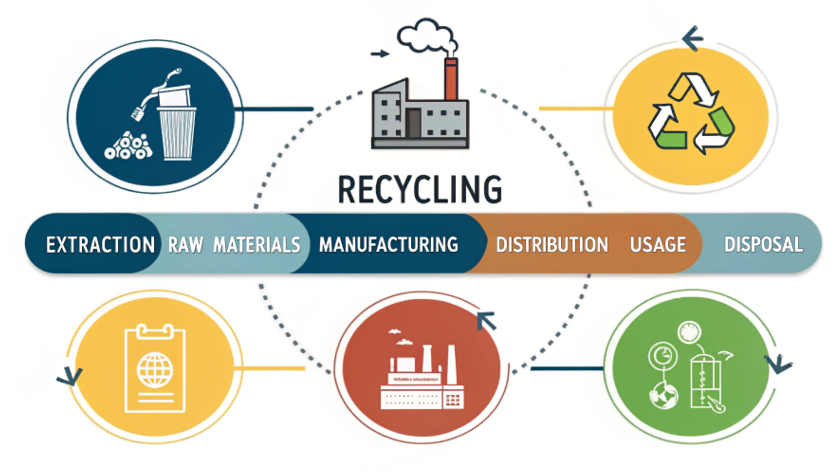 an infographic-style image showing the lifecycle of a product from raw material to recycling
