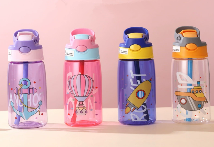 a lightweight clear plastic water bottle in the side pocket of a colorful school backpack
