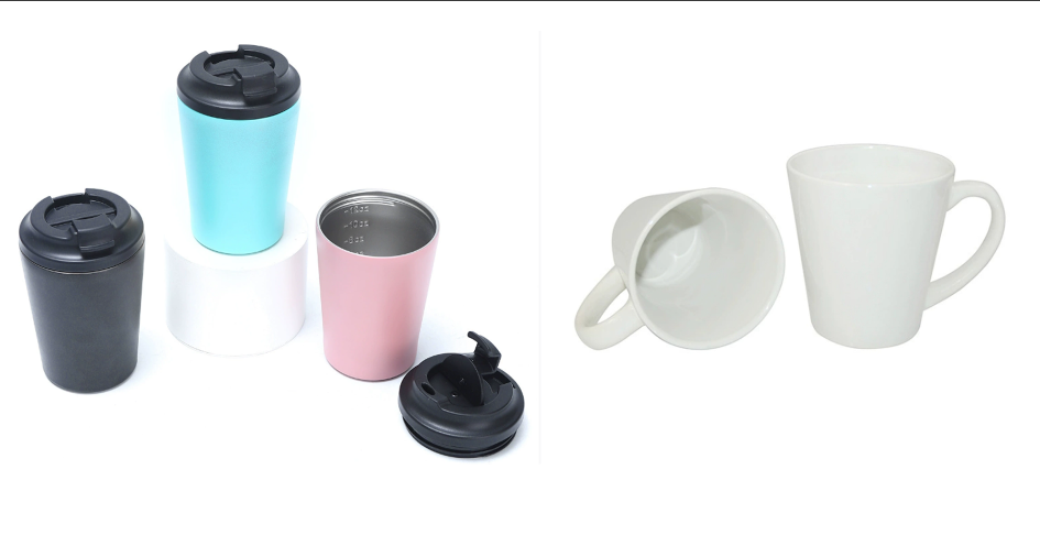 A person choosing between a classic ceramic mug and a modern stainless steel travel mug