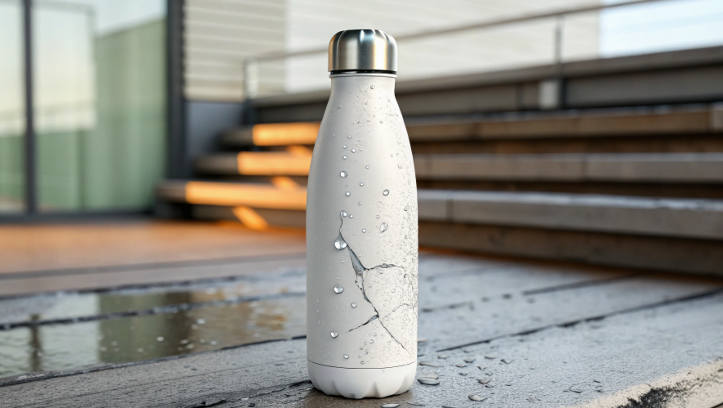 a stainless steel water bottle with a large, noticeable dent on its side