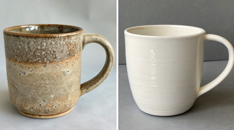 a side-by-side comparison of a rustic stoneware mug and a delicate, white porcelain mug