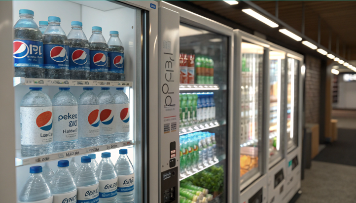 a vending machine filled with various brands of single-use bottled water