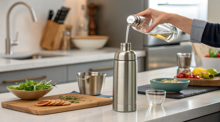 a hand pouring white vinegar into a stainless steel bottle on a kitchen counter