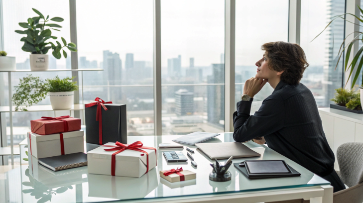 a person thoughtfully considering different corporate gift options in a modern office setting