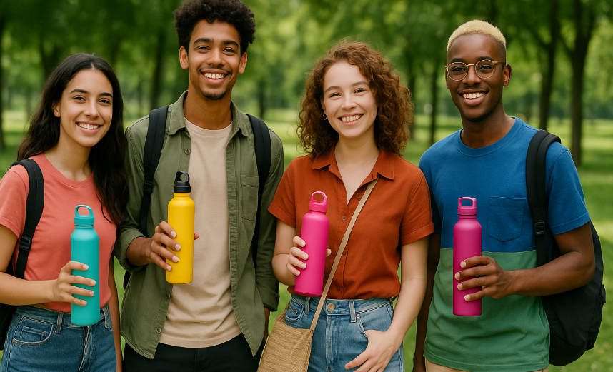 a person confidently drinking from a stainless steel water bottle during a workout