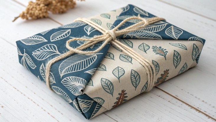 a minimalist gift box being packed with brown crinkle paper filler and a product wrapped in tissue paper