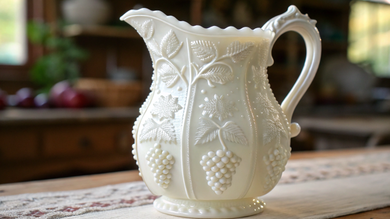 a close-up of a Westmoreland Paneled Grape milk glass pitcher, highlighting the intricate details