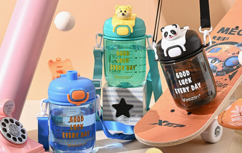 a collection of colorful and safe BPA-free plastic water bottles for children