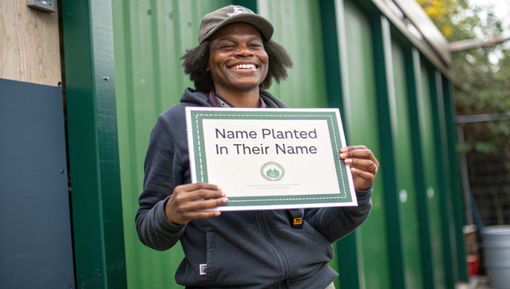 a person smiling while holding a certificate indicating a tree has been planted in their name