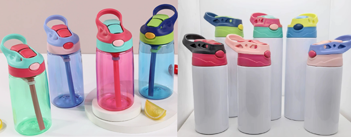 a stainless steel kids water bottle and a plastic one sitting side by side on a playground bench