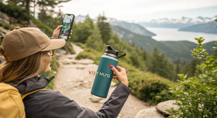 an influencer taking a photo of a branded thermos bottle during a scenic hike
