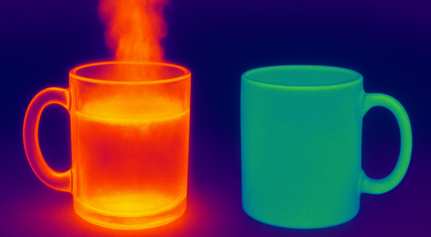 a thermal camera image showing more heat (red/yellow) escaping from a glass mug than a ceramic mug (green/blue)
