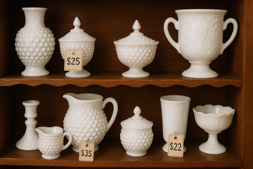 an antique shop shelf displaying various milk glass items with different price tags