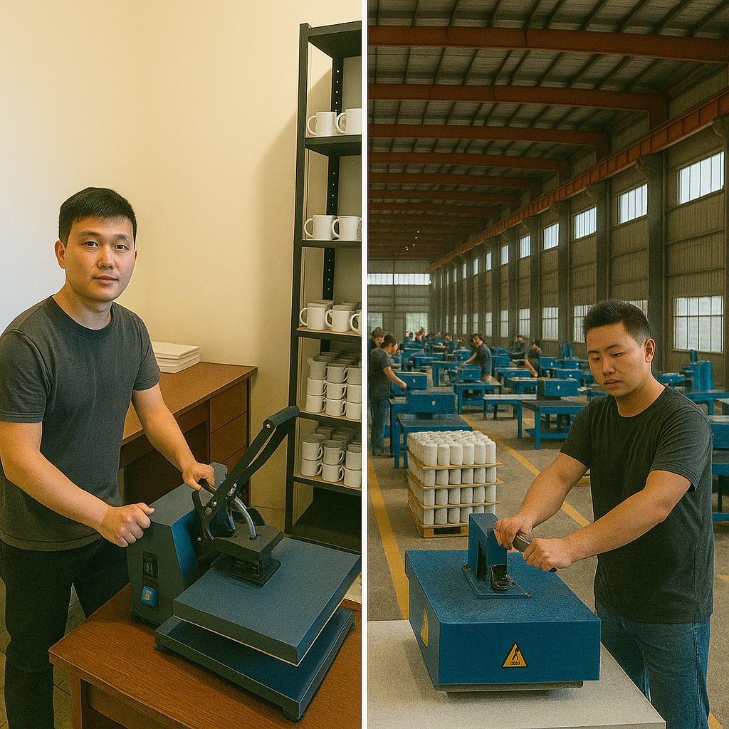 a person looking proud in their small, organized home workshop for making custom mugs