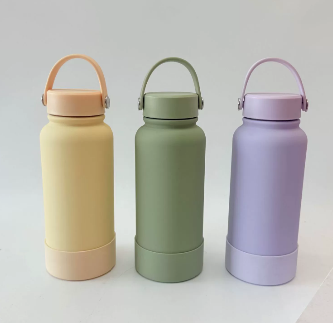 Large Mouth 650ml 1000ml Rubber Coated Stainless Steel Thermos Sport Water Bottle Kettle with Handle Flat Lid & Straw Lid