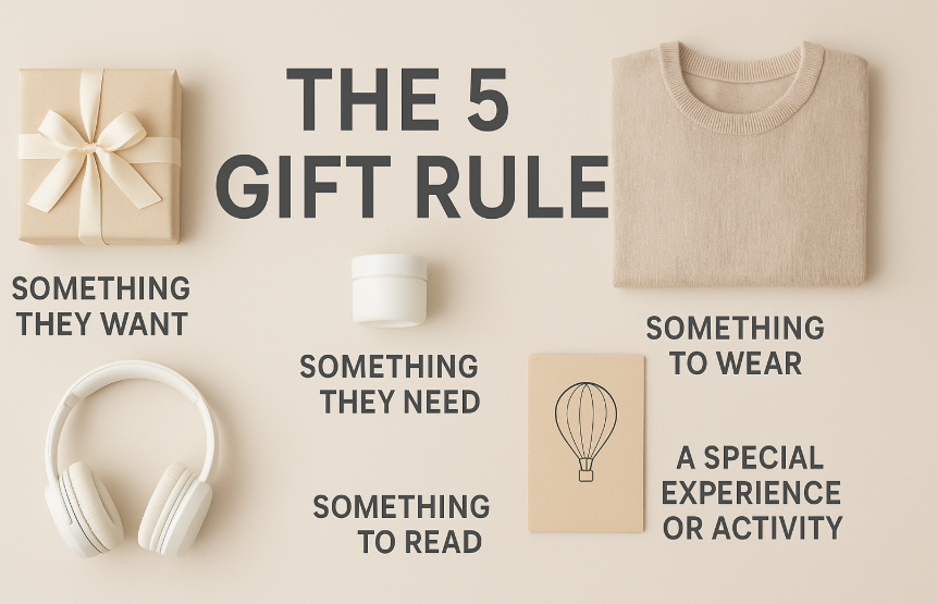 a simple, elegant flat lay representing the 5 gift rule with one item for each category