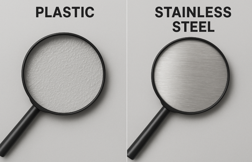 a magnifying glass looking at the surface of plastic versus the surface of stainless steel
