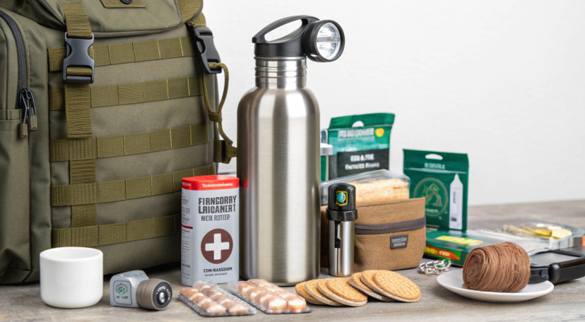 a neatly packed emergency preparedness kit with a stainless steel water bottle prominently featured