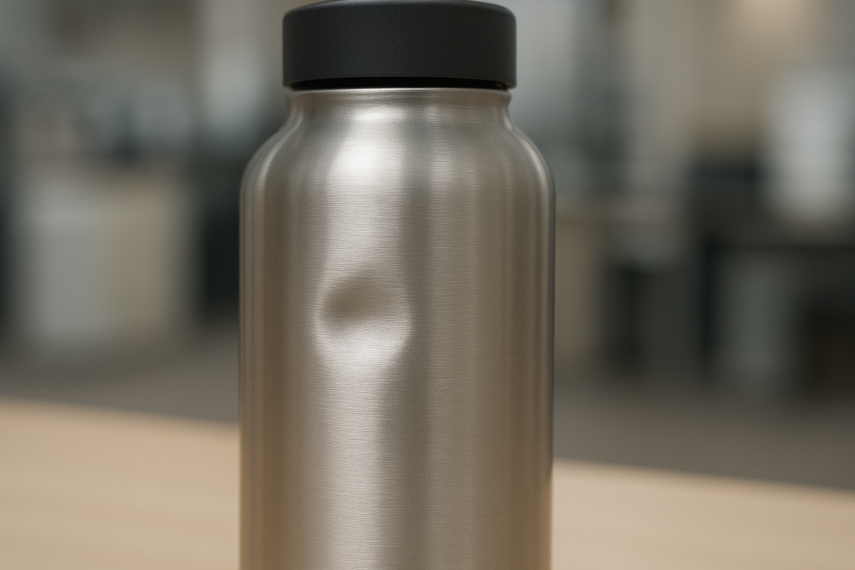 An old but still functional stainless steel bottle with some scratches from years of adventure