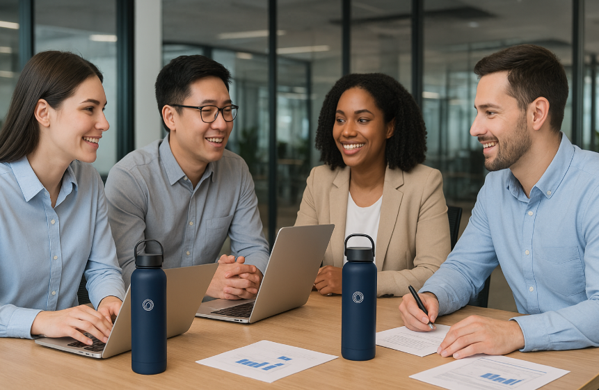 a group of colleagues in an office setting, all using matching branded stainless steel bottles