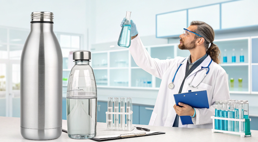a doctor or scientist pointing to a glass bottle and a stainless steel bottle