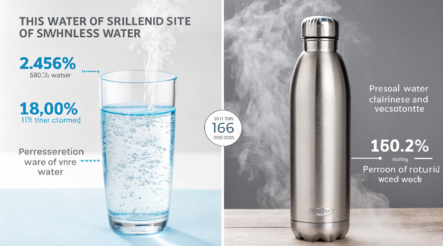 a droplet of water falling into a glass, next to a frosty insulated stainless steel bottle