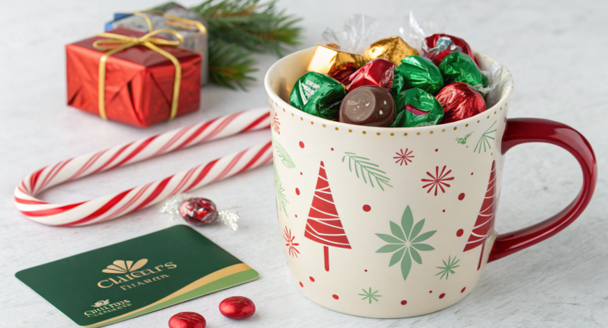 a beautifully arranged gift box containing a custom mug, coffee beans, and chocolate