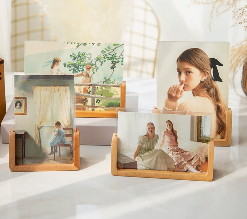 Popular 5×7 Acrylic Picture Frame Table Sign Holder Double Sided clear Acrylic Photo Frame With Wooden Base