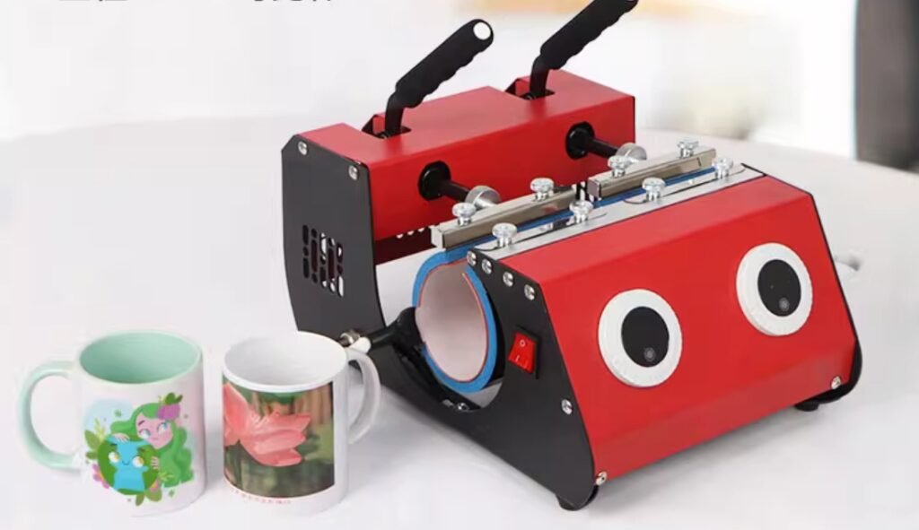 a workshop table showing the components to make a custom mug: a blank mug, sublimation paper, and a heat press