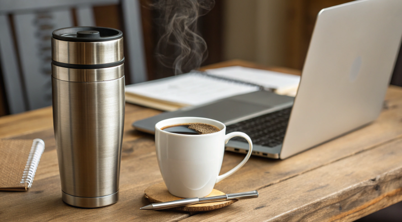 A ceramic mug on a kitchen table contrasted with a stainless steel travel mug in a car's cup holder.