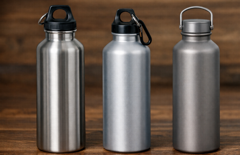 A stainless steel bottle, an aluminum bottle, and a titanium bottle side-by-side for comparison
