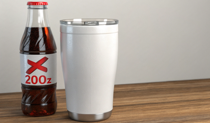 A can of soda next to a vacuum flask with a red X over it to show it's not recommended